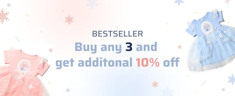 Girls kids clothing, girls fashion, girls wear, trending clothes for girls - Bestseller offer: Buy any 3 and get additional 10% off. Featuring three pastel-colored dresses with snowflake designs
