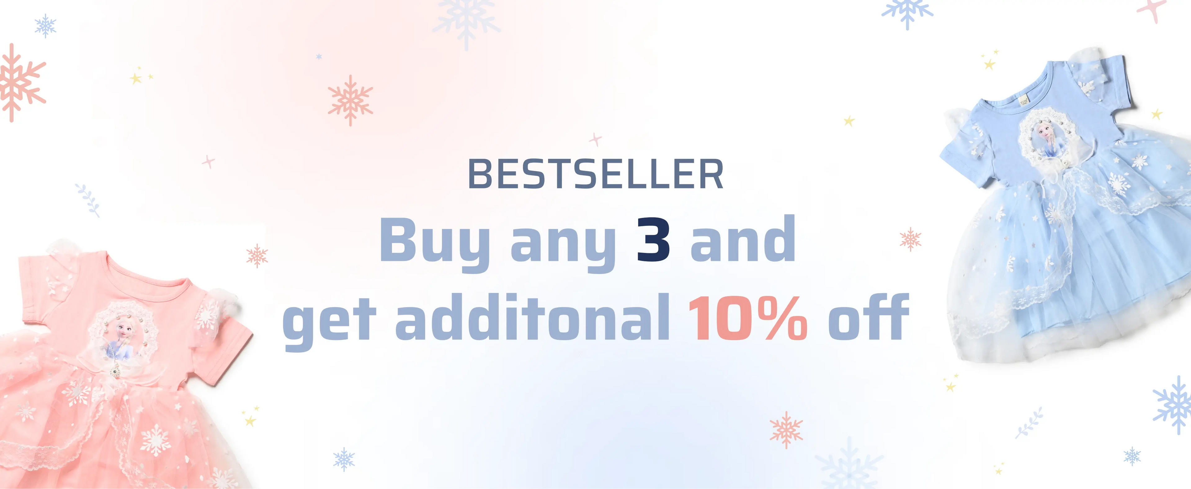 Girls kids clothing, girls fashion, girls wear, trending clothes for girls - Bestseller offer: Buy any 3 and get additional 10% off. Featuring three pastel-colored dresses with snowflake designs