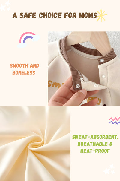 Baby clothing with text highlighting safety and comfort features for moms.