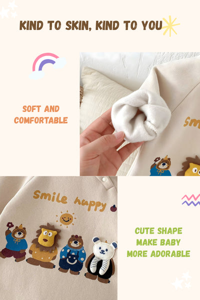 Baby clothing with cartoon characters and text about softness and comfort.