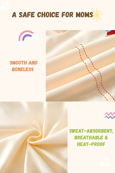 Fabric with stitching details and text highlighting safety and comfort for moms.