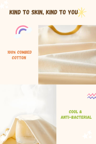 Text and fabric swatches highlighting 100% combed cotton, cool & anti-bacterial properties.