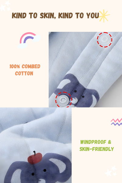 Baby product with elephant design, featuring text about being 'kind to skin' and '100% combed cotton'.