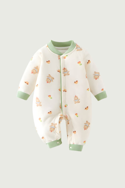 Baby onesie with animal print on a light gray background