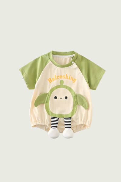 Baby romper with turtle design and 'Refreshing' text on a light gray background
