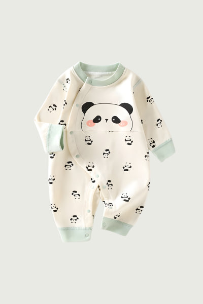 "Black and white panda-themed sleepsuit romper, soft and cozy for all-day wear and naptime comfort"