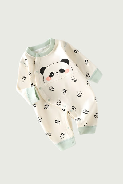 Baby onesie with panda design on a light gray background