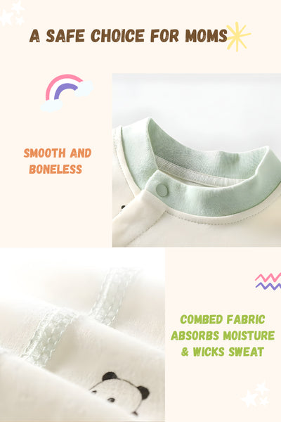 Text and images of a baby garment with features highlighted on a white background