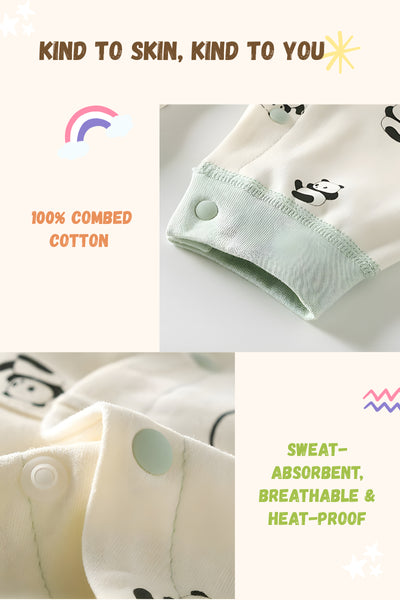 Baby clothing with panda design, labeled as 100% combed cotton, sweat-absorbent, breathable, and heat-proof.