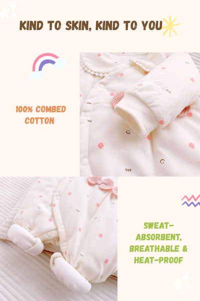 Baby clothing with text highlighting features like 'kind to skin', '100% combed cotton', 'sweat-absorbent', 'breathable', and 'heat-proof'.