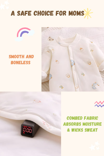 Baby clothing with text highlighting features like 'smooth and boneless' and 'combed fabric'.