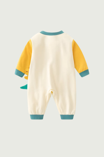 Baby onesie with color-blocked sleeves and cuffs on a light gray background