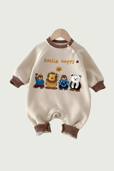 Baby romper with cartoon bears and 'smile happy' text on a white background