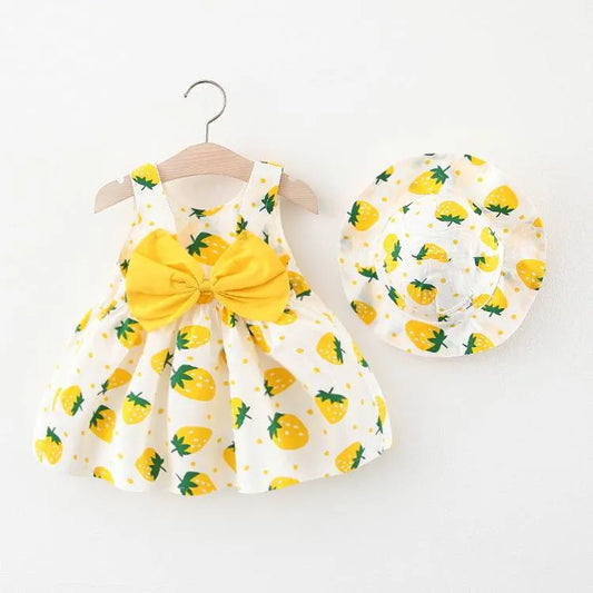 sleeveless bow frock with hat- yellow