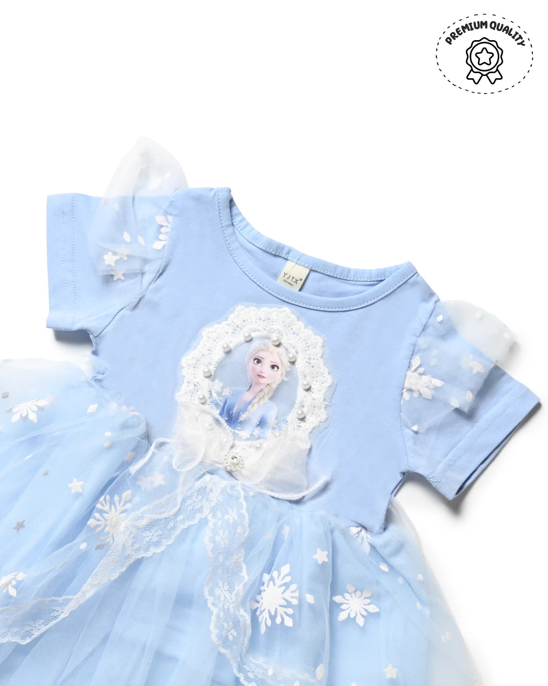 Girls fashion blue dress with lace and character print. Latest fashion for girls, girls shopping