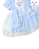 Trending clothes for girls featuring a blue dress with tulle overlay. Girls kids clothing, girls fashion