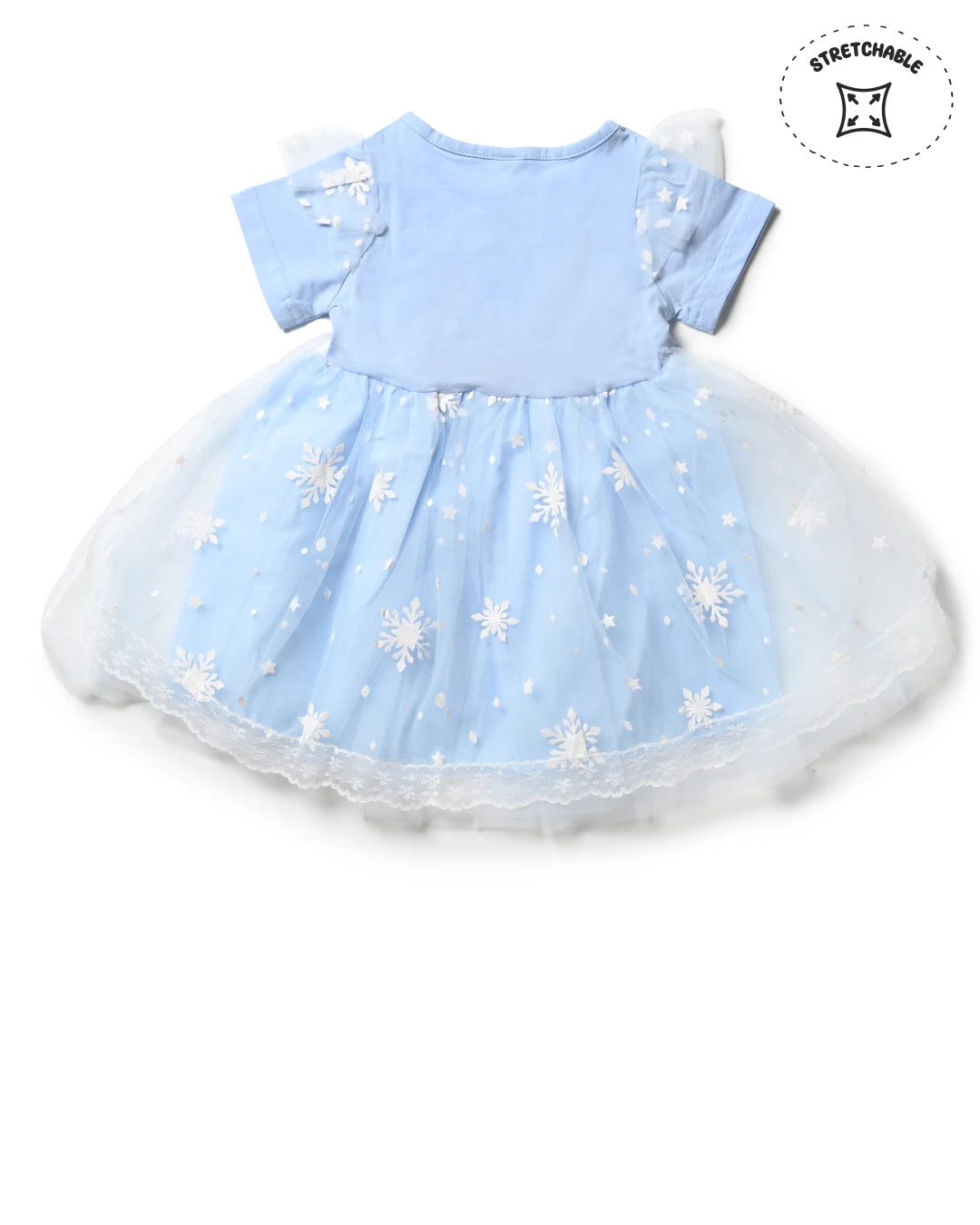 Latest fashion for girls: blue dress with snowflake details. Girls kids clothing, girls shopping.