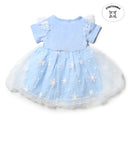 Latest fashion for girls: blue dress with snowflake details. Girls kids clothing, girls shopping.