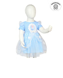 Girls shopping: stylish blue dress with lace and character motif. Girls fashion, trending clothes for girls.