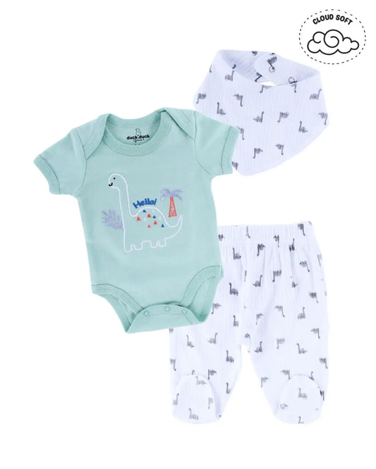 Girls kids clothing set featuring a mint green short-sleeve onesie with a dinosaur print, white pants with small dinosaur patterns, and a matching white bib. Perfect for girls' fashion and trending clothes for girls