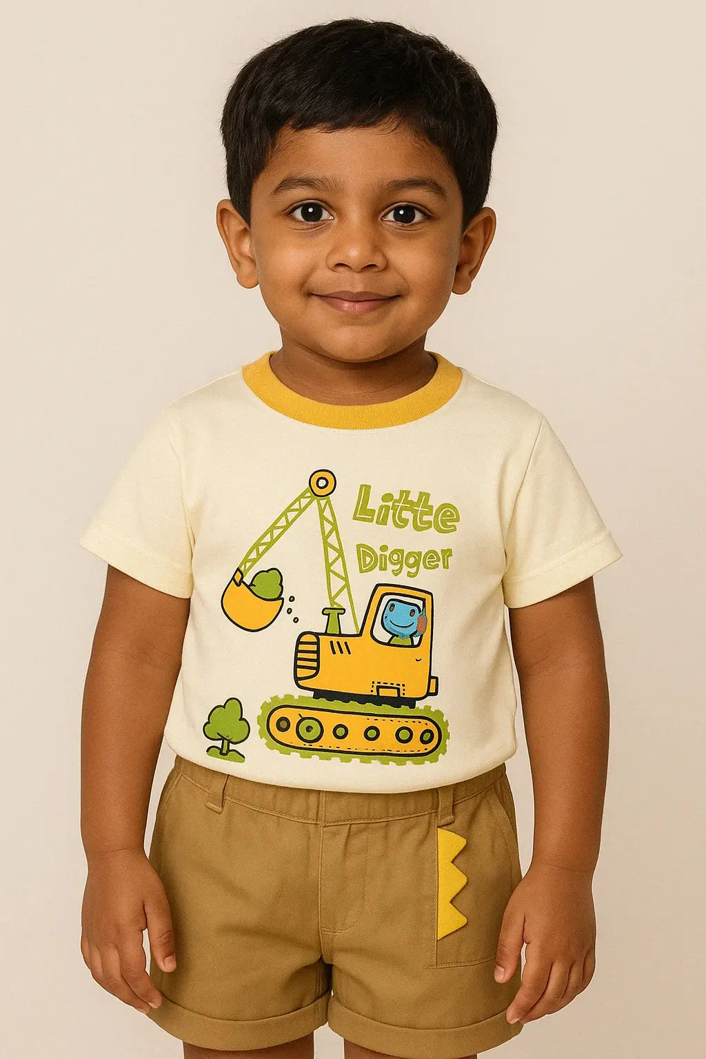 A young boy with dark hair smiles while wearing a cream-colored short-sleeved t-shirt with a yellow trim and a cartoon excavator graphic that reads "Little Digger." He is also wearing khaki shorts and standing against a light beige background.
